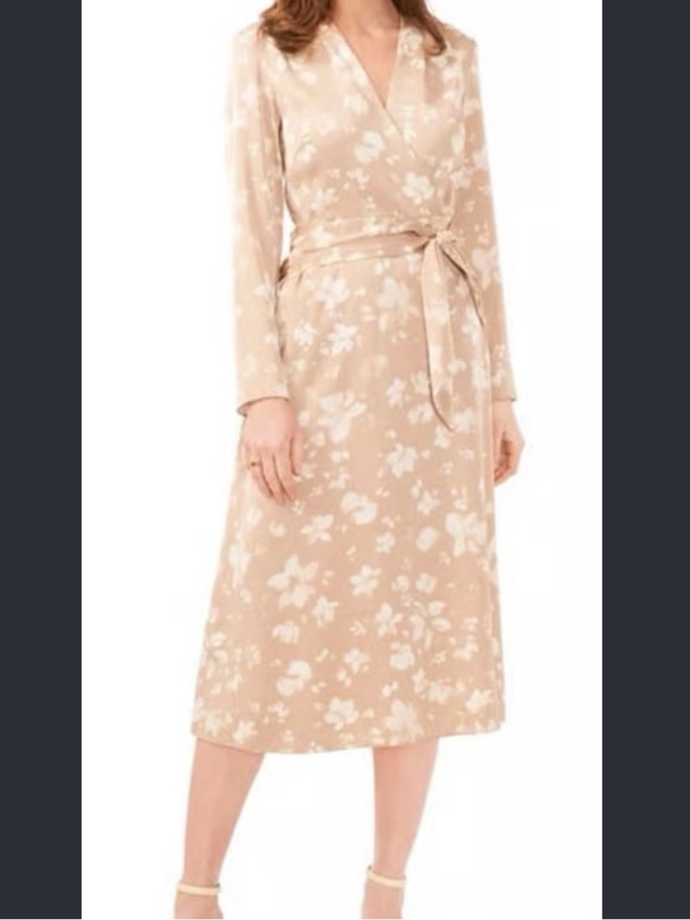 Halogen Beige Floral Wrap Midi Dress White Print matte satin L long sleeve